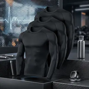Men's 3 Pack Compression Shirts Long Sleeve Athletic Base Layer - Moisture Wicking UV Sun Protection Running Top for Outdoor Workout Training Fitness Gym Sports Black