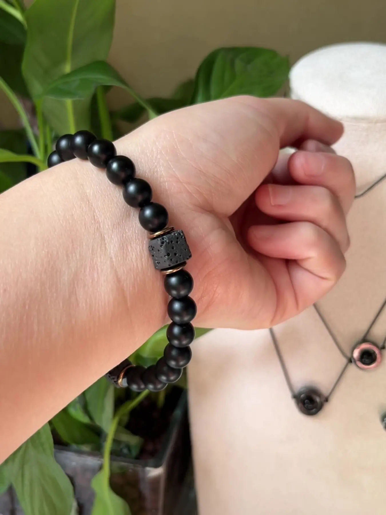 Agate Obsidian Hand Chain, 8mm Root Chakra Stone, Matte Finish