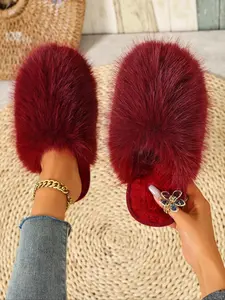 Multi-Color Plush Slip-On Shoes, Warm Fuzzy Mules for Fall & Winter, Textile Upper, Rubber Sole, Holiday Style, Indoor & Outdoor Wear