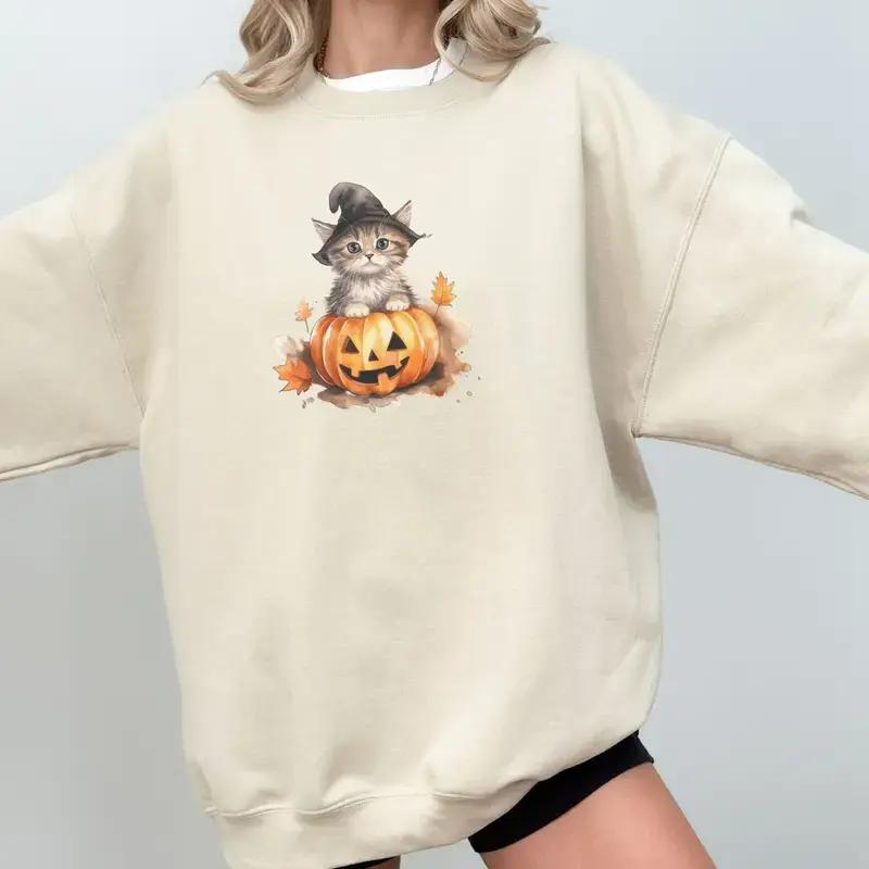 Cute Halloween Cat Pumpkin Sweatshirt, Witch Kitty Graphic Crewneck, Cozy Fall Spooky Season Shirt, Halloween Gift for Cat Lovers, Unisex Pullover Hot Trending Hoodies Graphic Sweatshirts