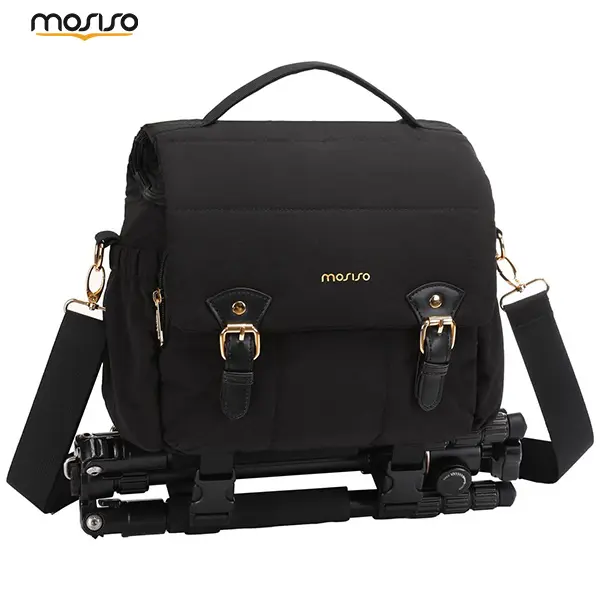 MOSISO Small Waterproof Polyester DSLR/Mirrorless Camera Bag - Vintage Crossbody Shoulder Bag with Top Handle, Tripod Holder, Raincover, Soft Foam Protection for SLR Cameras (Canon, Nikon, Sony, Black), Fabric