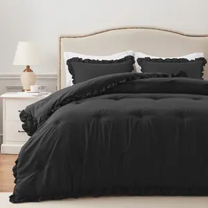 Queen Comforter Black - Ruffle Comforter for Queen Size, Fluffy Queen Size Comforter for Seasons, 3 Comforter(1 Comforter  2 Pillow Shams)