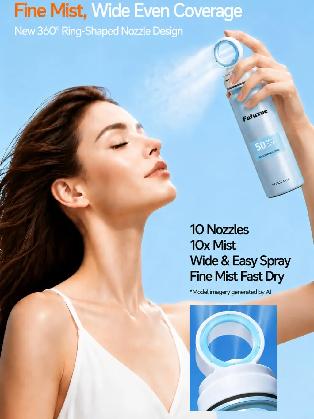 【Ring Nozzle Sunscreen Gel Spray 】with 10 Spraying Holes, Crystal Extract Brightening Cooling Sun Spray, Oil-Free Sweat Resistant UV Protection, Lightweight Moisturizing Sun Cream for Face & Body Women Summer Daily Use
