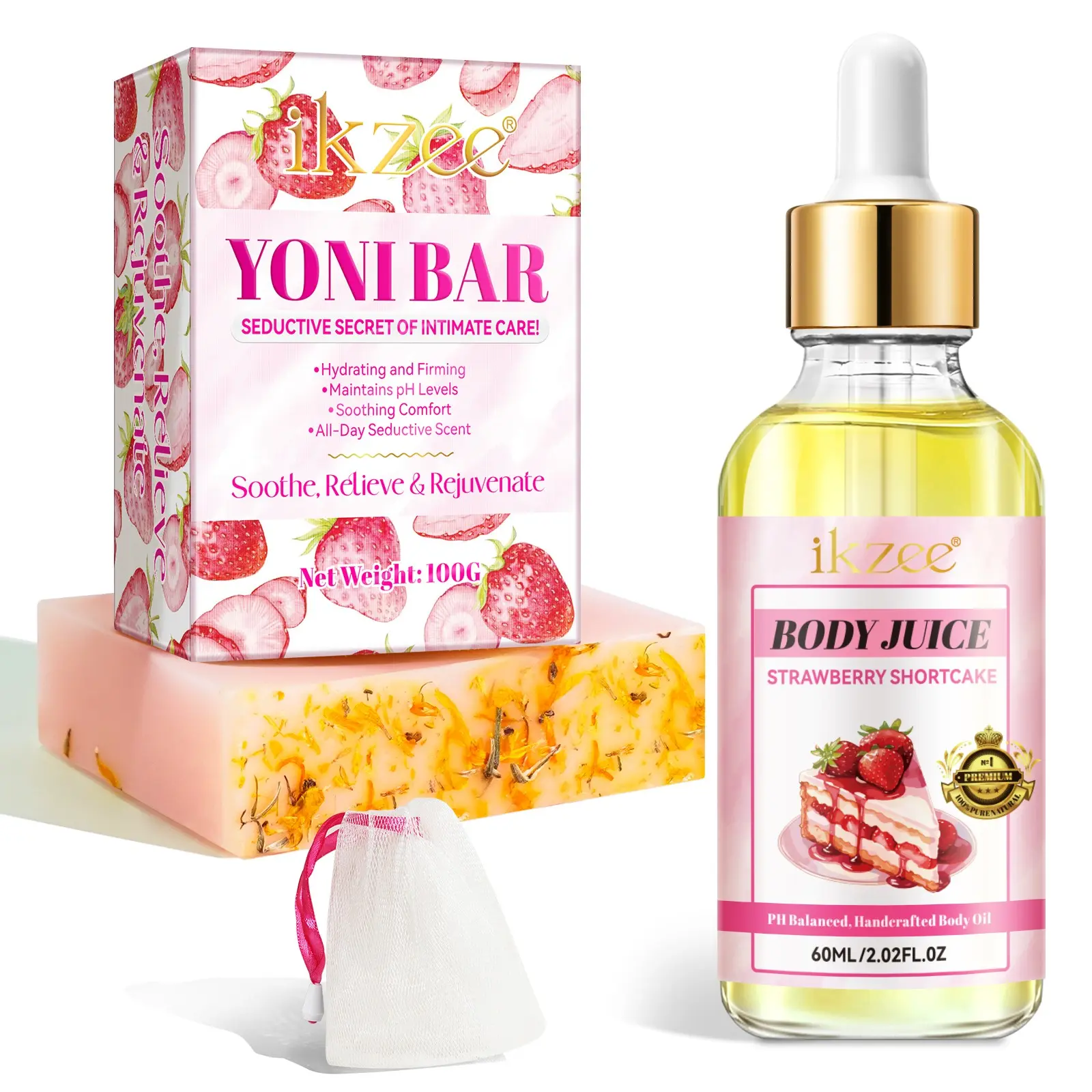 2counts Strawberry Private Essential Oil and Soap Set, Bath Cleansing and Hydrating Body Care Essence for Personal Hygiene, Nourishing Skin Treatment, Scent, Rejuvenating Set
