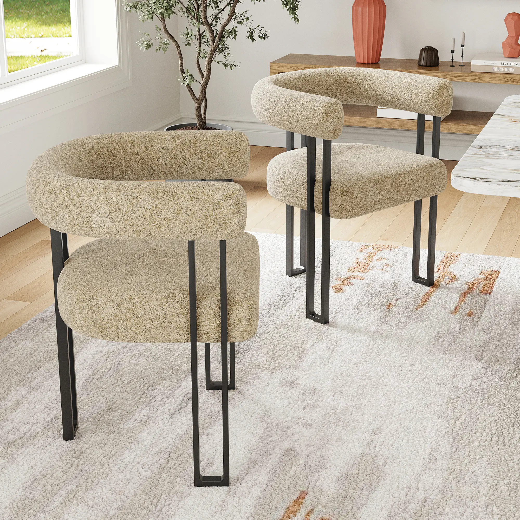 2-Piece Upholstered Dining Arm Chair Set, Bouclé Fabric Accent Kitchen Chairs with Metal Frame, Modern Minimalist Cushioned Seat & Back, Stain-Resistant, Requires Assembly, Supports 300lbs for Living & Dining Rooms