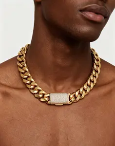 Retro Gold Cuban Chain Necklace, 8mm with a clasp closure. The clasp features zirconia accents. The chain is crafted from stainless steel. Bold hip-hop style, suitable for both men and women. Casual and fashionable, pairs effortlessly with any outfit.