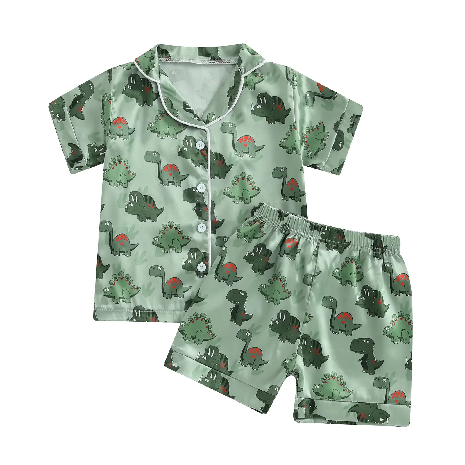 Toddler Baby Boys Girl Kids Dinosaur Print Pajamas Set Long Sleeve Heart Button-Down Sleepwear PJs Outfits