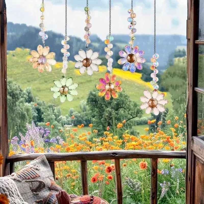 Stainless 6-Piece Colorful Multi-Color Glass Crystal Flower Beads Hanging Ornament Suncatcher with Hook - Specialty Kitchen Gadget, Home Gift, Outdoor Porch Accessory