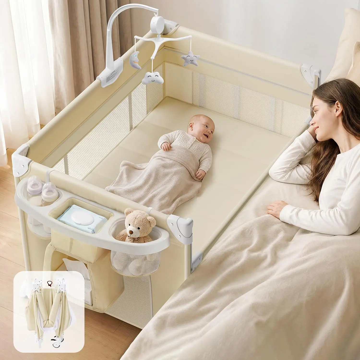 4 in 1 Foldable Multifunctional Baby Bassinet, Portable Bedside Crib Sleeper, Quickly Assembled Crib with Diaper Changer, Foldable Baby Playard with Mattress and Wheels for Newborn to Toddler,summer sale