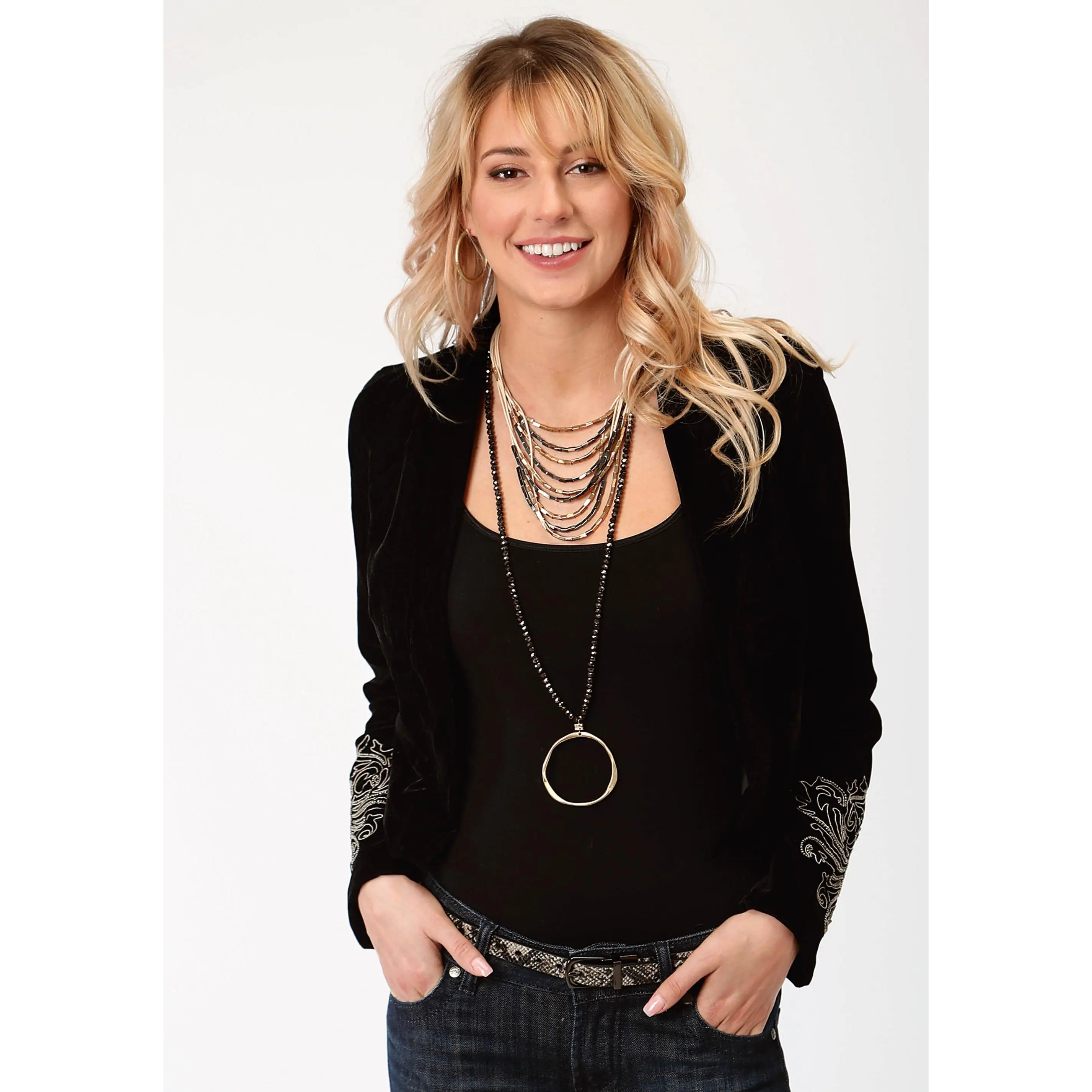 Womens Solid Black Velvet With Embroidery Zip Front Jacket