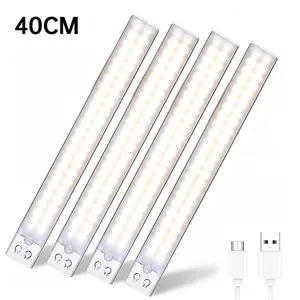 4 Pack Motion Sensor Under Cabinet LED Lights, USB Rechargeable Battery Powered Wireless Magnetic LED Strip Lights, Stick-On Night Light for Kitchen Counter Closet Wardrobe Cupboard Stair, Auto Shut-Off, Eye-Care Soft Gradual Brightness