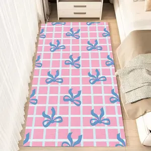 Pink Blue Bowtie Checkered Pattern Fluffy Minimalist Area Rug, Polyester 100% Flannel Carpet, Non-Slip Rectangle Floor Mat for Living Room, Bedroom, Kitchen, Office, Entryway, Bedside Rug | Washable, Machine Washable Rug, Perfect Holiday Gift