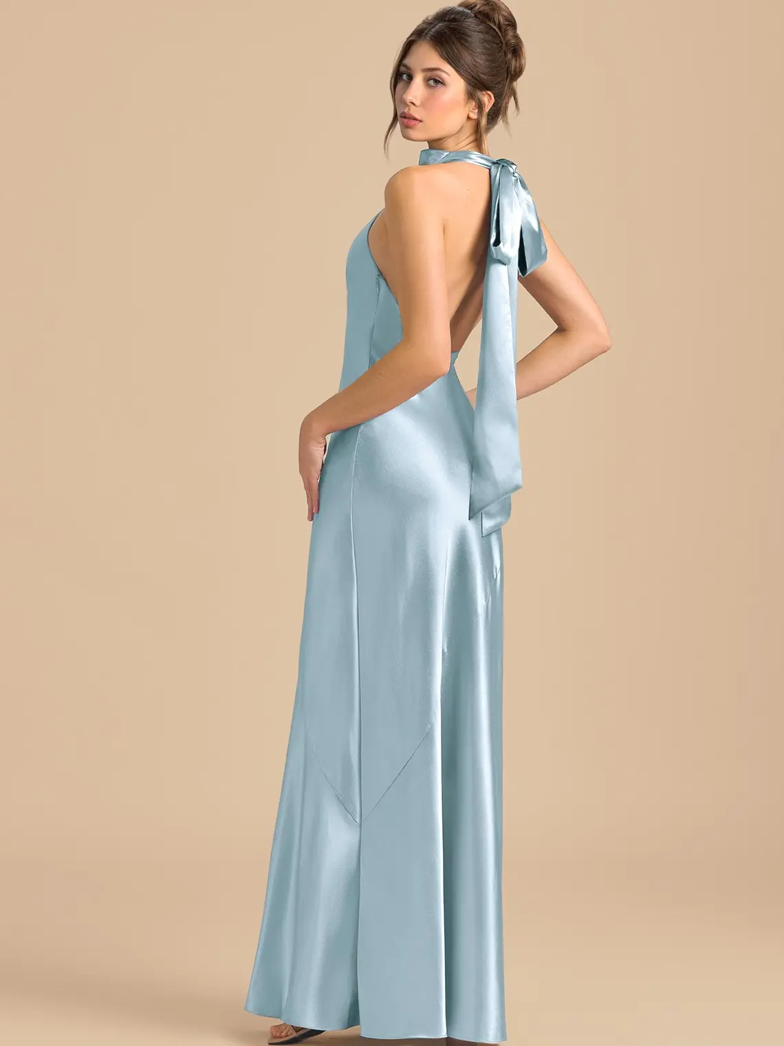 Azazie Velli High Halter Neck Tie-Back Bow Metallic Satin Mermaid Wedding Guest Dress
