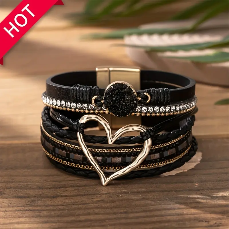 Bohemian Magnetic Clasp Multi-Layer PU Leather Bracelet with Exaggerated Heart Stone Accent - Wide Cuff Statement Piece for Festival & Everyday, Style Layered Bangle (Year-Round Wear)