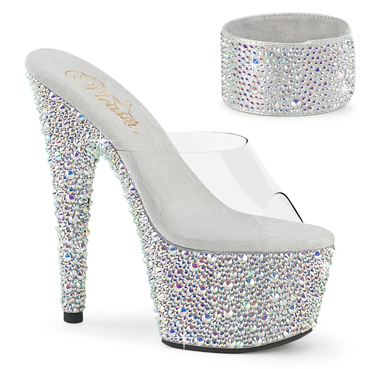 Women's Platform Chunky Heels - Clear/Silver Rhinestone Bejeweled Classy Party Shoes, Chunky Heeled Platform Wedges & Flatform - 712MS Footwear, Raised Heel Wedges & Flatform
