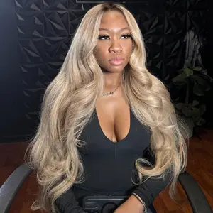 Ombre Light Ash Blonde Lace Front Wig Human Hair 210% Density Milk Tea Blonde Hair with Natural Growth Brown Roots 13x4 HD Body Wave Wig Pre Plucked Multi-Color Wigs for Any Occasion