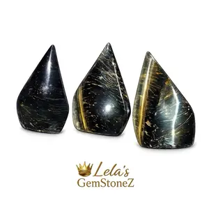 Lela's GemStoneZ Shadow Guardian Flames Blue Tiger Eye Hawk Eye Protection Crystal Set Polished Freeform with Visible Chatoyancy Natural Optical Effect for Collectors and Display crystals decor energy protection crystalscarving