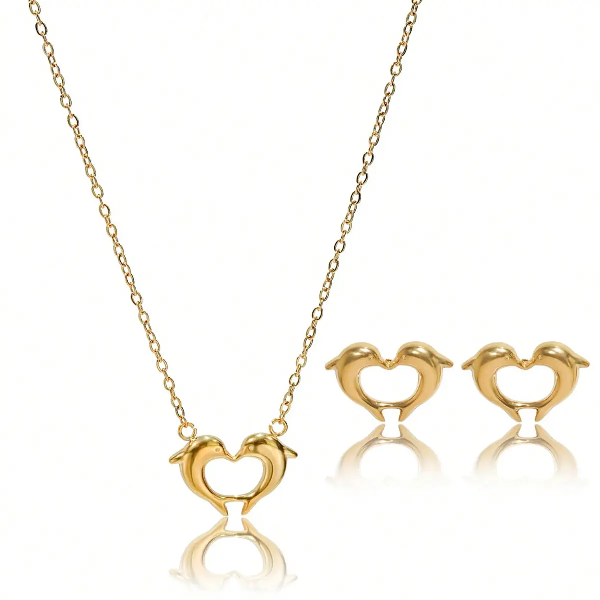 Lxalry 18K Gold Plated Heart Dolphins Mirror Jewelry Set, Hypoallergenic Skin-Safe Necklace & Stud Earrings for Couple's Gift/Daily Wear, Never-Fade Adjustable Luxury with Precision-Cast Symmetry layered jewelry bracelet combo