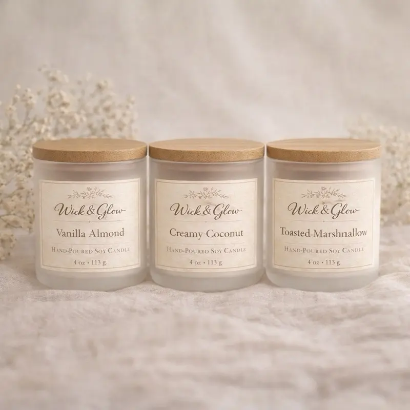 Wick & Glow Hand-Poured Soy Candle Set - Vanilla Almond, Creamy Coconut, Toasted Marshmallow - 4 oz Each - Natural Scented Candles for Home Aroma