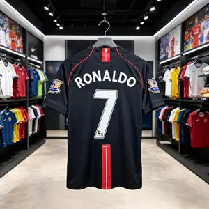 7# Ronaldo 07 08 Away Short Sleeve Shirt Retro Soccer Jersey Black Fans Version