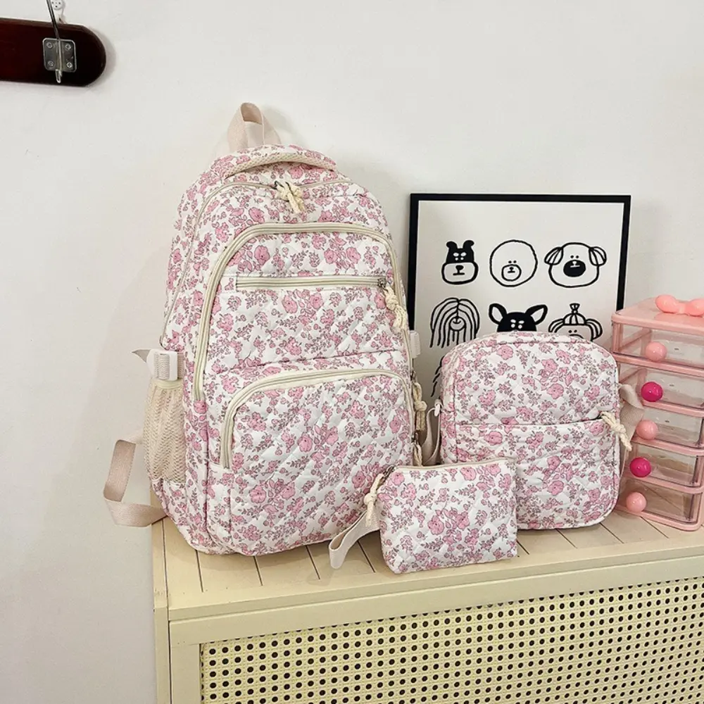 3Pcs Women Girls Pink Floral Quilted Backpack Set, Large Capacity Multi-Layer Lightweight Casual Daypack, Complete Combo Includes Handheld Lunch Tote Bag & Wrist Strap Pencil Pouch for School Travel Daily Shopping Outdoor Use
