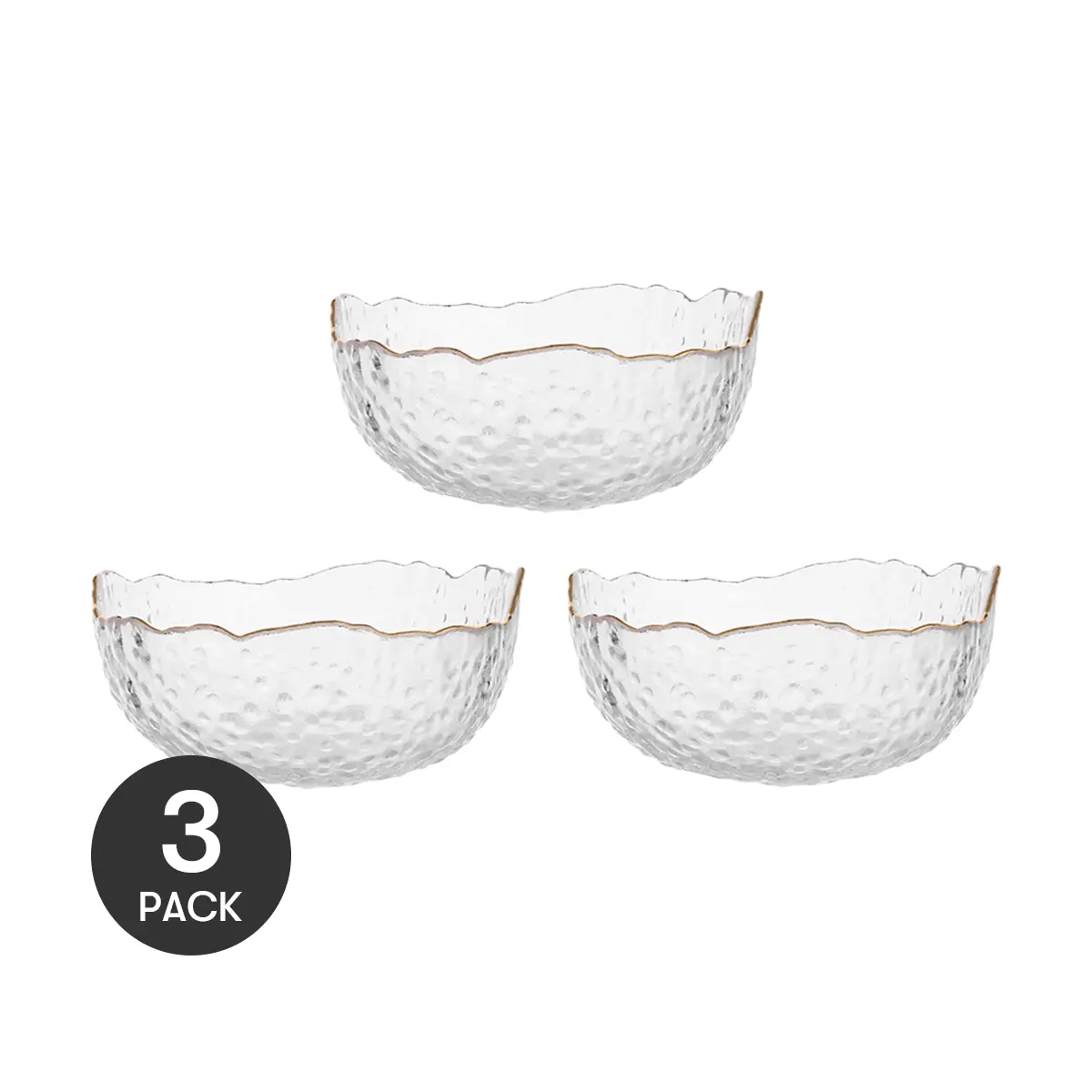 KAWASIMAYA Gold Trimmed Glass Bowls Set - 3 Pack 330ml Salad, Fruit & Dessert Bowls
