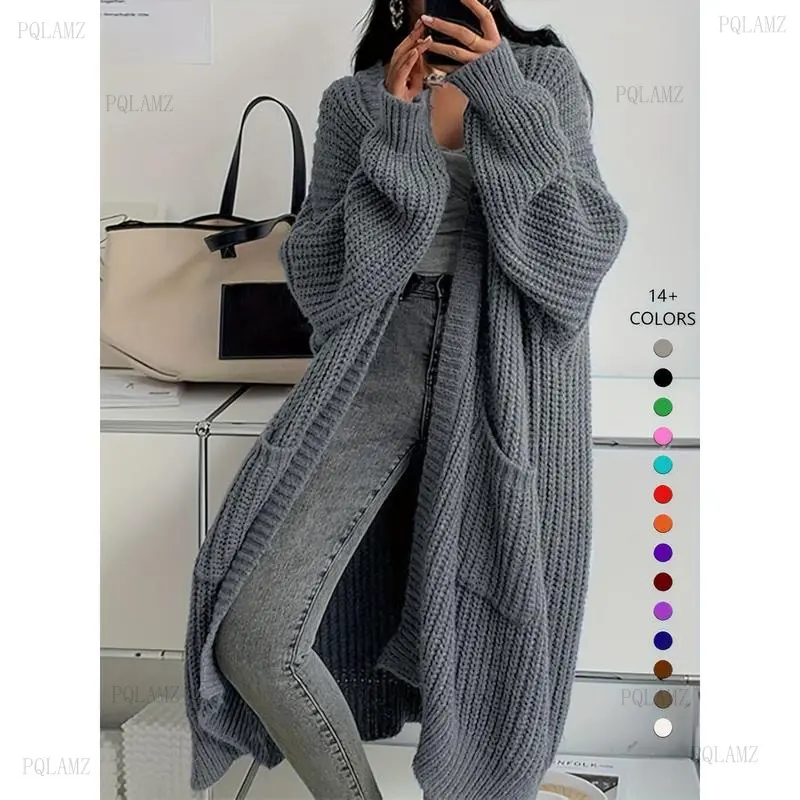 Women's 2025 Oversized Knit Cardigan - Longsleeves, Baggy Fit, Long Length, Collarless Cut, Drop Shoulder, Casual Polyester Double Knit Top