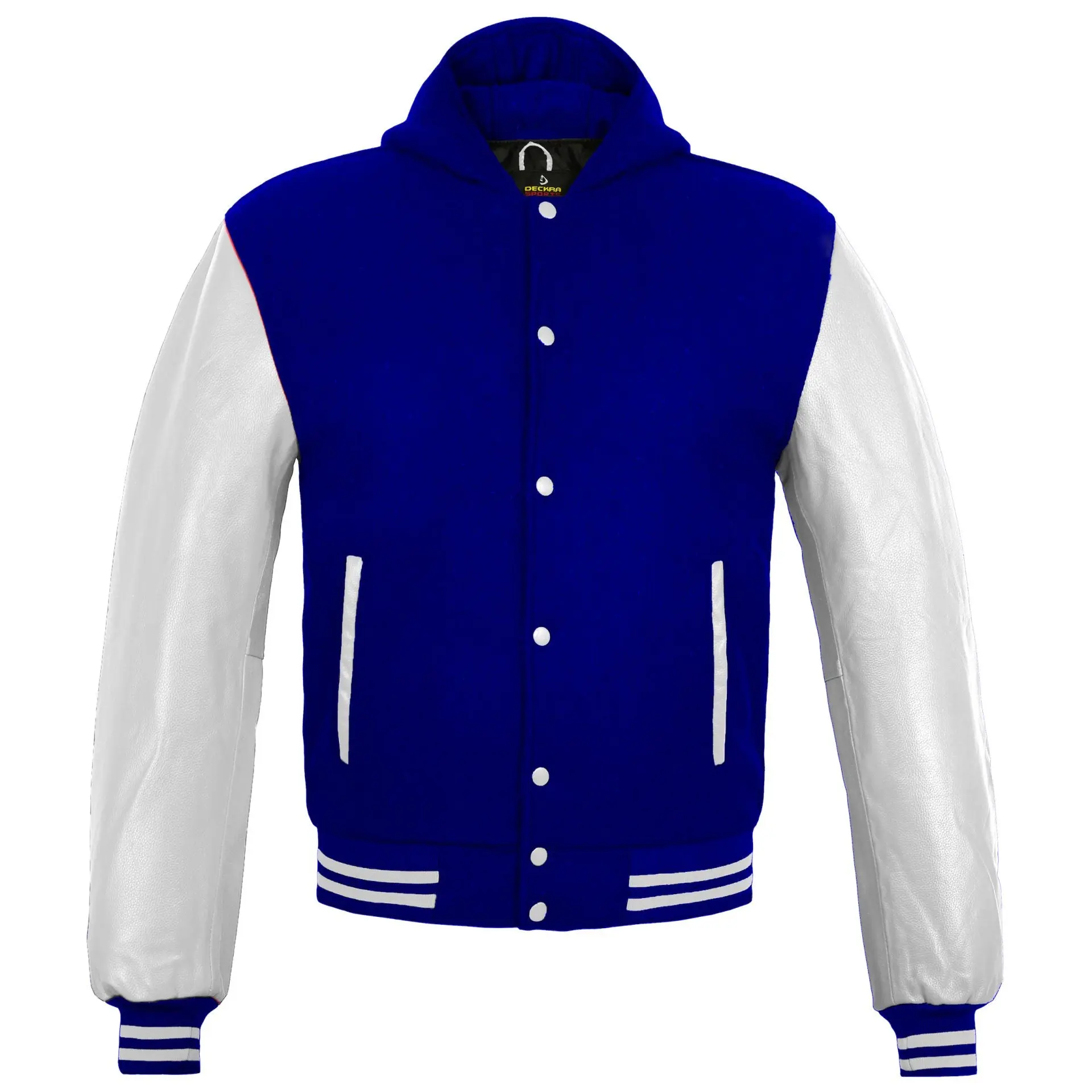 Deckra Men's Varsity Jacket, Chic Handmade Baseball Letterman in Wool & Genuine Leather with Long Sleeves, Long Sleeve, Stylish, Button, Coats, Patches, Sporty Chic, Brand New, Mobile Pocket