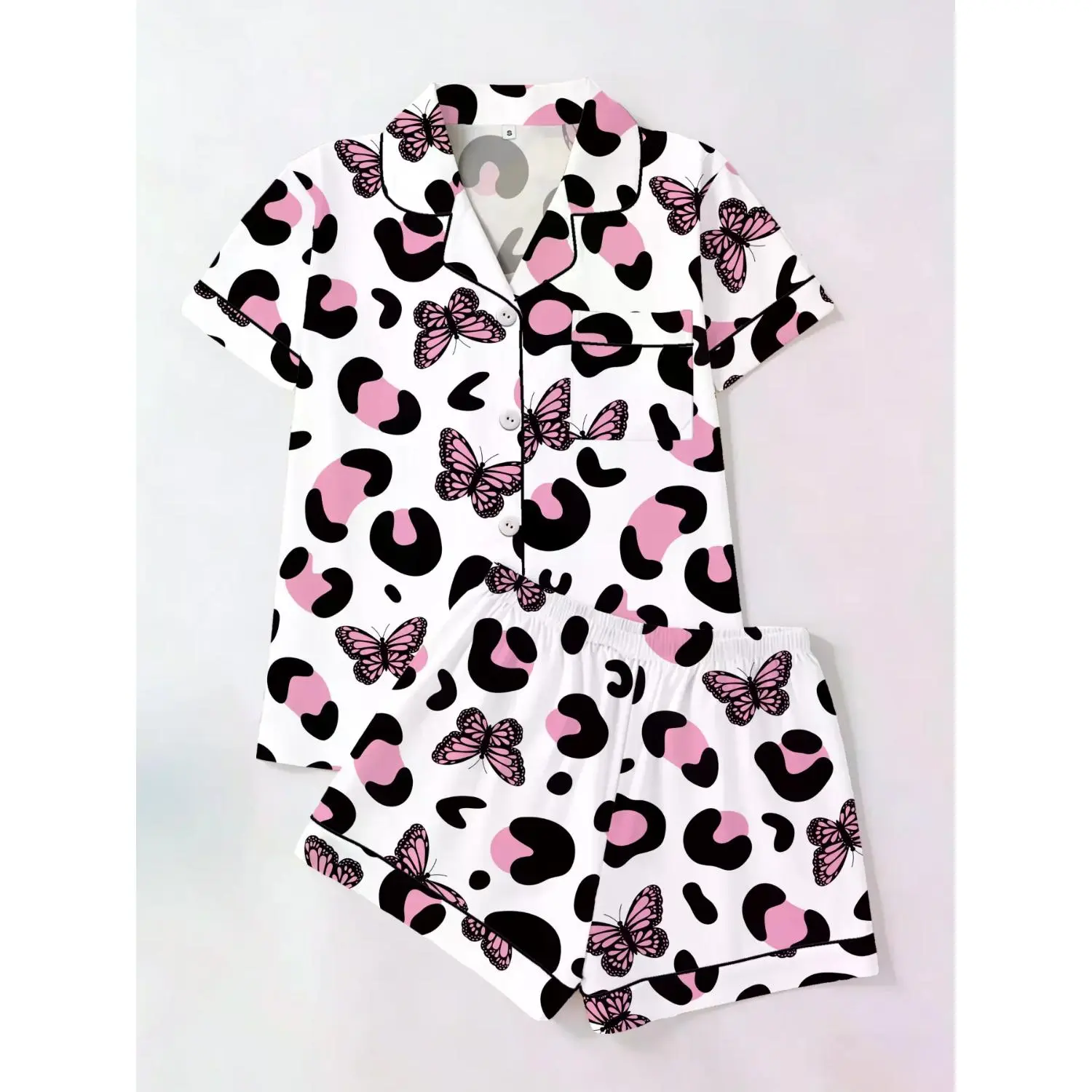 Leopard Butterfly Print Coquette Short Sleeve Top & Shorts Pajama Set - Women's Casual Fitted Loungewear Two-Piece Homewear Matching Outfit