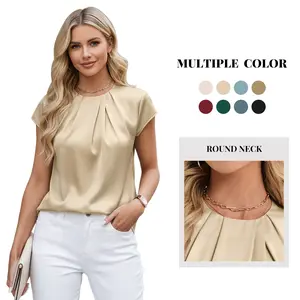 Funlingo Women's Silk Satin Blouse Summer Dressy Casual Cap Short Sleeve Tops Crew Neck Front Pleated Work Shirts