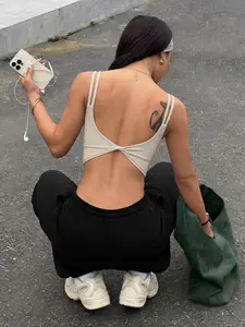 Women's Backless Twist Thin Strap Sports Top, Sharkskin Elastic Tight Fit Gym Wear, All-Season Yoga Tank Bra