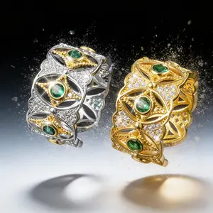 AELNEN S925 Sterling Silver Emerald Filigree Statement Ring - Dual-Tone Adjustable 925 Stamp Cluster Ring - Pave Cubic Zirconia & Green Gem Birthstone Jewelry - Luxury Alternative Artistic Gift for Her, Cluster Rings, Birthstone Rings