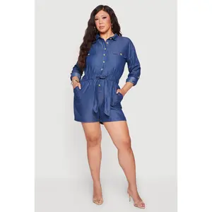 Plus Size Chambray Button Front Tie Waist Belted Romper