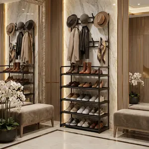 3-in-1 Black Metal Hall Tree: Coat, Shoe & Hat Organizer for Entryway