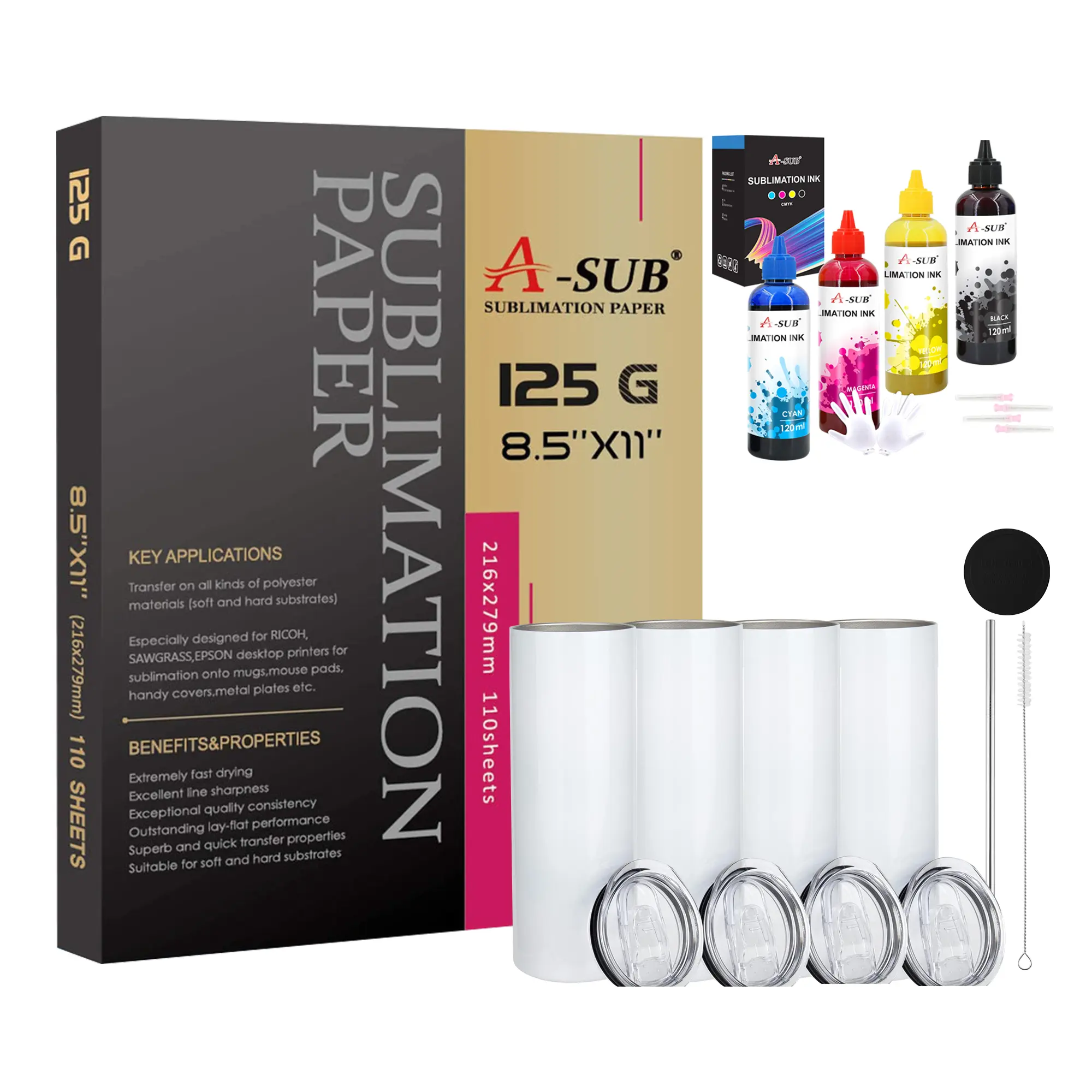 A-SUB Sublimation Kit: 480ml Ink, 125gsm Transfer Paper, 4 Skinny Tumblers for Customized Drinkware & Gifts. DIY Craft Paper