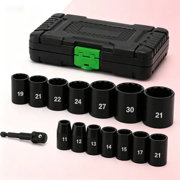 15-Piece 12-Point Metric Impact Socket Set, 1/2-Inch Drive, Drop-Forged Chrome Vanadium Steel, 11mm-32mm Range, Corrosion-Resistant Black Phosphate Finish, High Visibility Markings, Drill Adaptor for Auto Repairs & Impact Wrenching, 12-Point Sockets