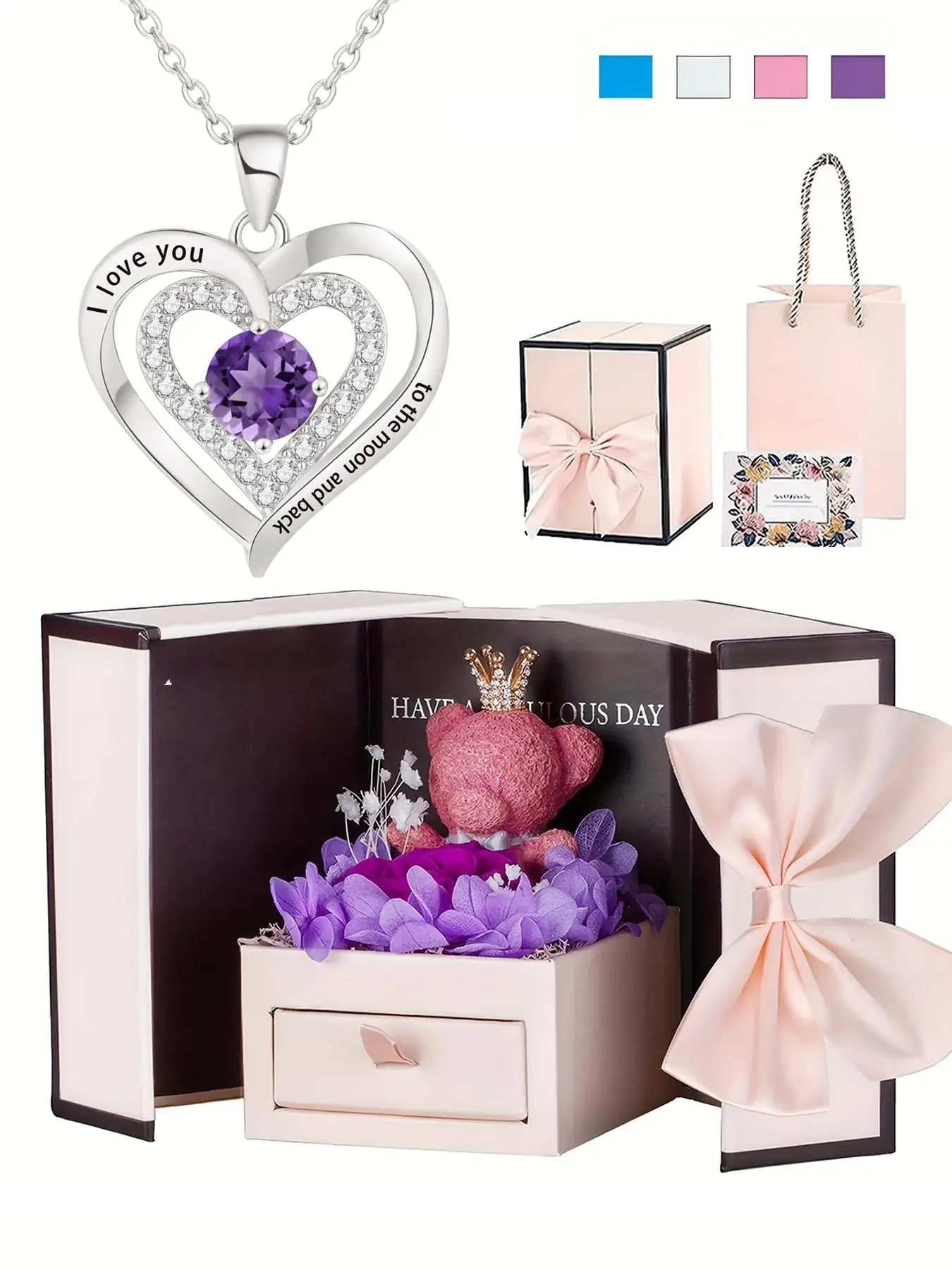 Preserved Rose Bear Gift Box with Mom Birthstone Necklace, Love Heart Pendant Necklace for Mama, Gift for Mom, Mothers Day Gifts for Mom, Mother's Day