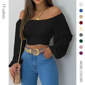 Danedvi Women's Polyester Longsleeve Blouse - Off-Shoulder, Fitted, High Waist, Ruched Straight Lantern Sleeves, Self-Tie, Backless, Chic Crop Top for Beach, Casual Occasions