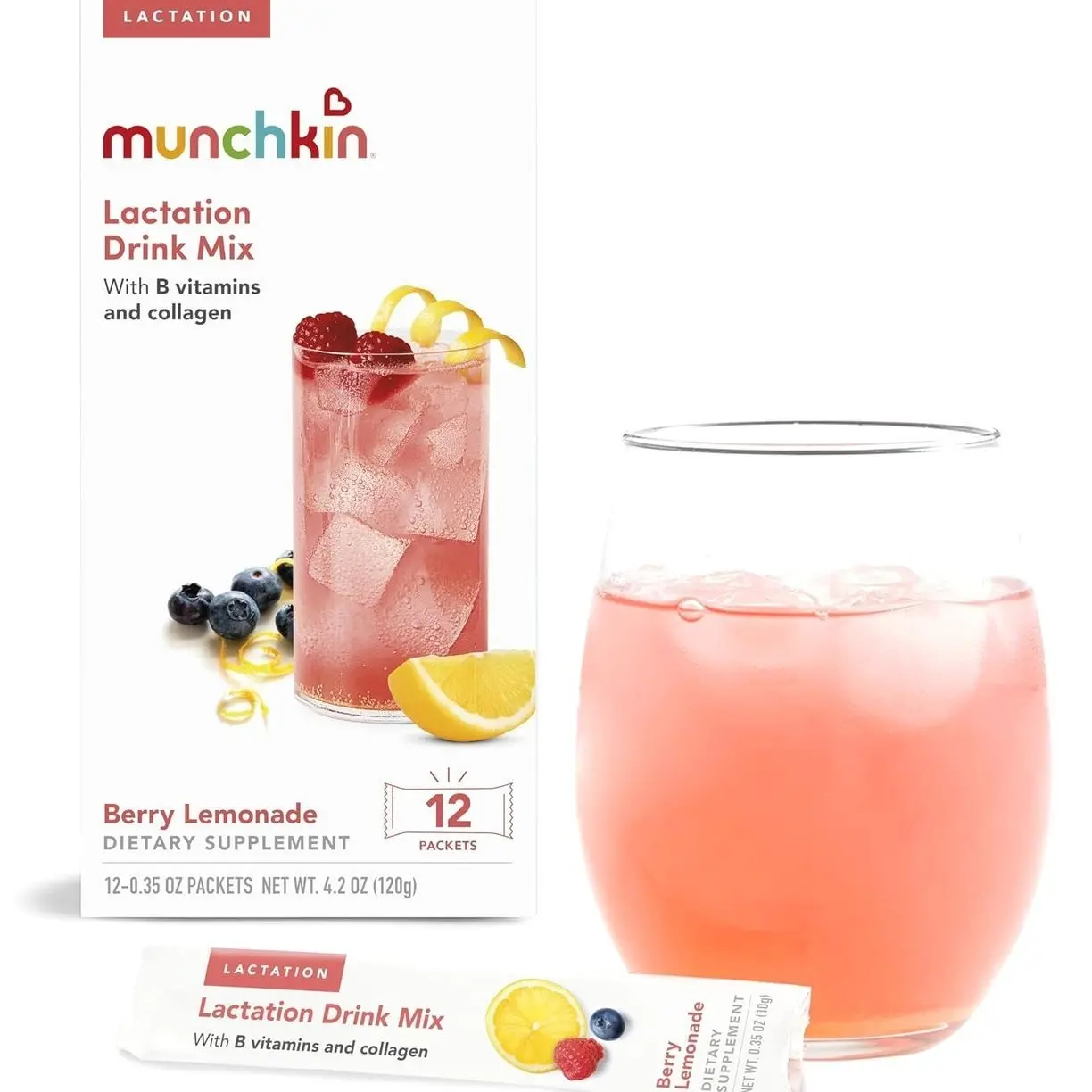 Munchkin Milkmakers Lactation Drink Mix Supplement with B Vitamins/Collagen/Fenugreek & Milk Thistle for Breastfeeding Moms, Berry Lemonade, 12 Count