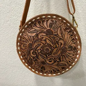 Leather Crossbody Bag with Floral Design and Adjustable Strap