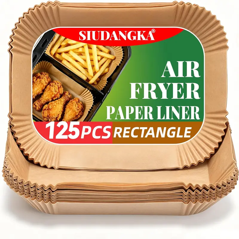 Disposable Air Fryer Liners - 125 Pcs Rectangular Heat Resistant Parchment Paper Sheets, Food-Grade Silicone Oil, Fluorescent-Free, Bakery Supplies, Home Baking Supplies, Utensils, Fits 2-Basket Fryer, Kitchen Gift, Baking Accessories