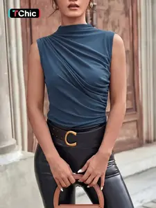 Women's High Neck Sleeveless Knit Top, Slim Fit Ruched Irregular Design, Easy Care Casual Blouse, New Style Fashion