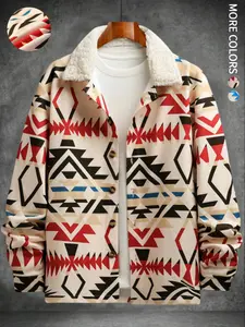 Men's Ethnic Pattern Button Front Jacket, Casual Long Sleeve Fuzzy Trim Collared Outerwear for Fall & Winter, Men's Clothes for Daily Wear
