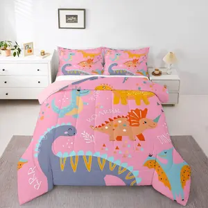Dinosaur Kids Bedding Set,Cute Dinosaur Comforter Set,Pink Cartoon Animal Comforter,Kawaii Little Dino Duvet Insert