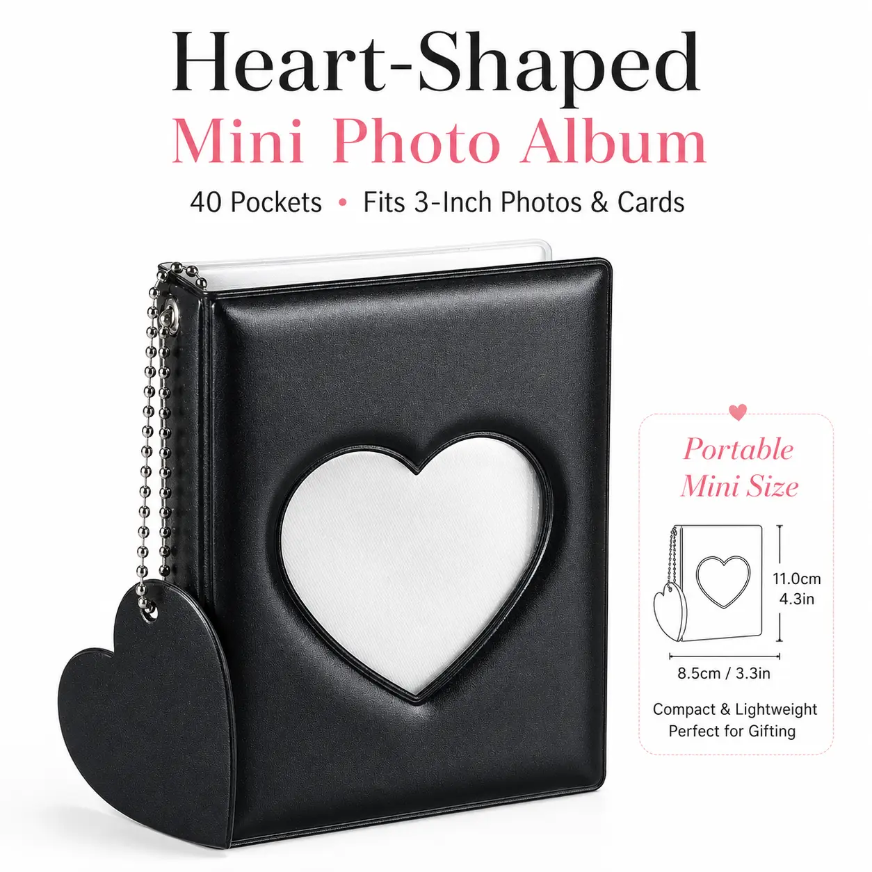 3 Inch Heart Window Mini Photocard Album, 20 Card Sleeves Fits 40 Photos, Portable Small Picture Holder for Cards, Stickers and Keepsakes