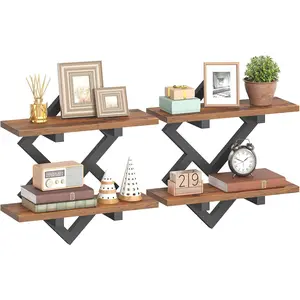 HOOBRO 15" Floating Shelves for Wall, Set of 2 Wall shelf, 2-Tier Hanging Shelves, Wall Mounted Storage Shelf, Display Rack, for Living Room Bedroom Kitchen Bathroom, Rustic Brown and Black BF14BJP201