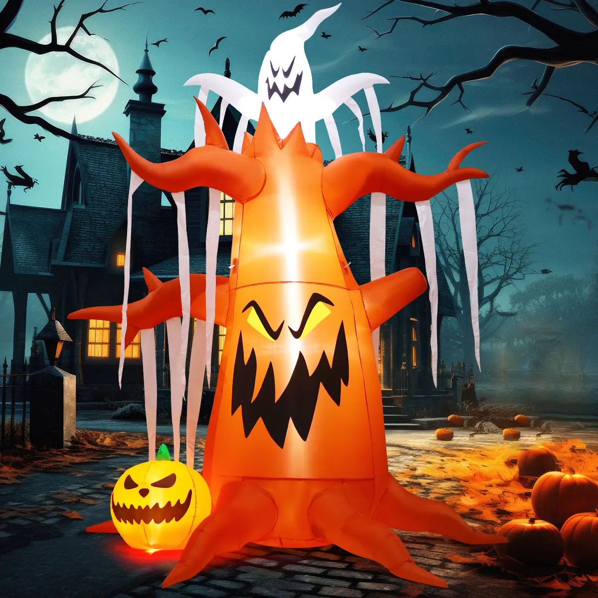 10 FT Halloween Inflatable Dead Tree Decoration with Pumpkin, Ghost, and LED Lights for Outdoor Yard Decor