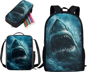 3D Deep Sea Great White Shark 3PCS Kids Backpack Set, Waterproof Large Capacity School Bag with Insulated Lunch Box & Pencil Pouch, Realistic Ocean Wave Shark Print Student Bookbag for Boys Marine Animal Lovers