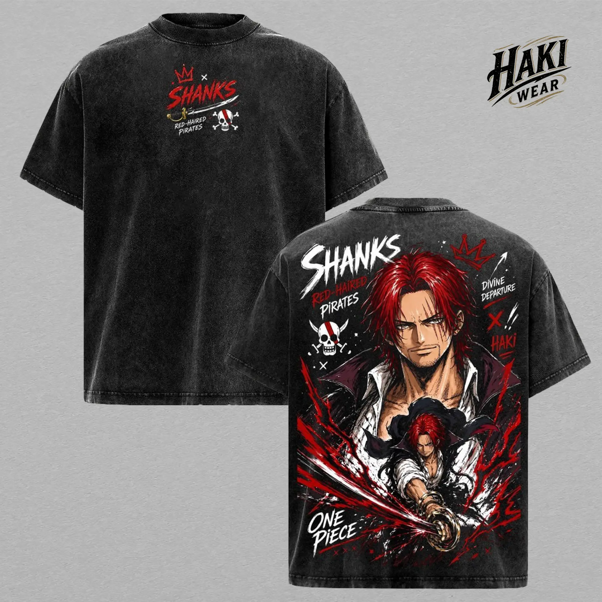 Shanks One Piece Vintage Washed Shirt Red Hair Pirates Haki Graphic Tee Oversized Anime Streetwear Unisex