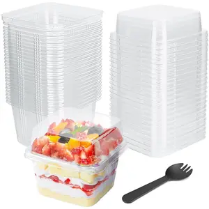 25 count 8oz Mini Square Clear Dessert Cups with Lids and Spoons,Plastic Ice Cream Containers,Fruit Cups with Lid for Party,Disposable Dessert Cups for Fruit,Salads,Cupcakes,Parfait,Pudding